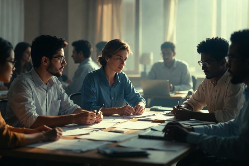 diverse professionals collaborating in bright modern office